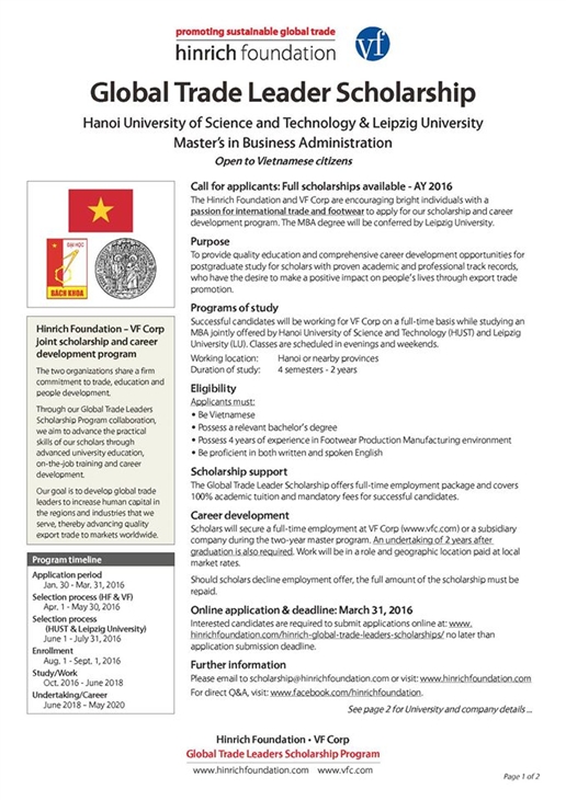 Học bổng và cơ hội việc làm của Hinrich Foundation & VF Corporation